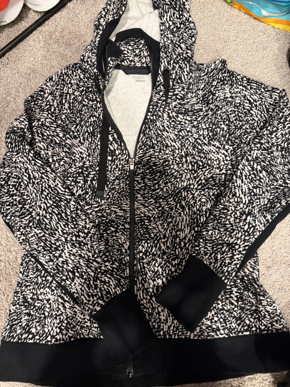Athleta Black & White Patterned Zip Front Hoodie
